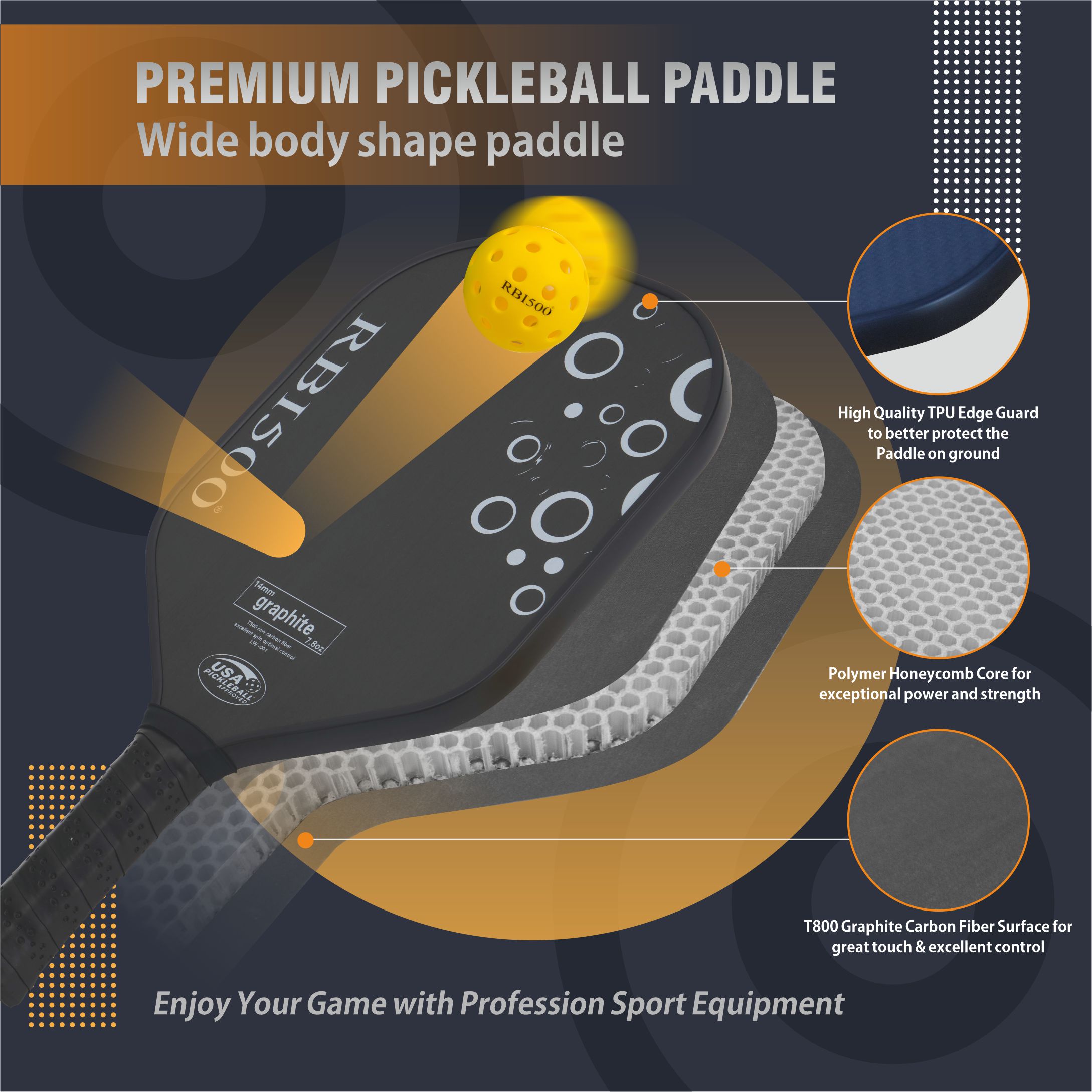 Paleta de Pickleball de fibra de carbono y grafito PRO aprobada por Usapa
